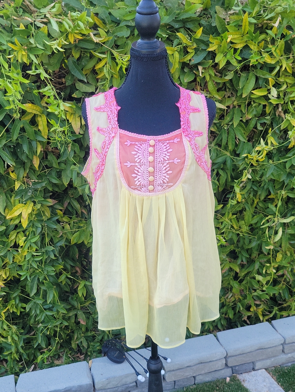 Denim 24/7 Pale Yellow Boho Sheer Babydoll Top with Pink Embroidered Yoke 14W